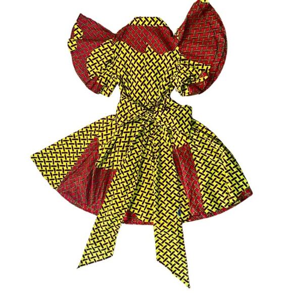 Yellow Black & Red Geometric Ankara Print 100% Cotton Layered Wrap Dress (S) - Picture 2 of 12